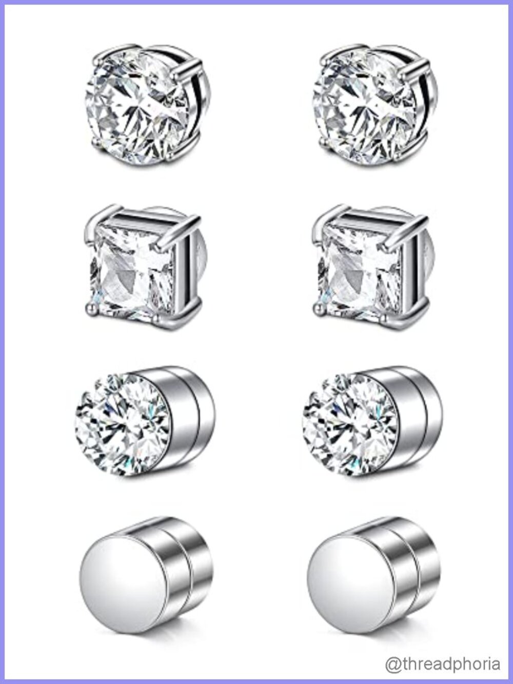 4 Pairs Magnetic Stud Earrings Stainless Steel Clip On CZ Non Piercing